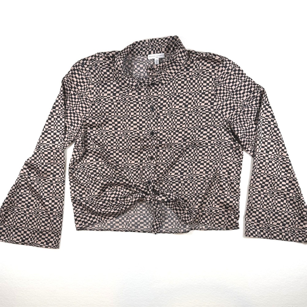 Maison d'Amelie Paris Checkered Tie Front Bell Sleeve Blouse Tan Black Large Y2K